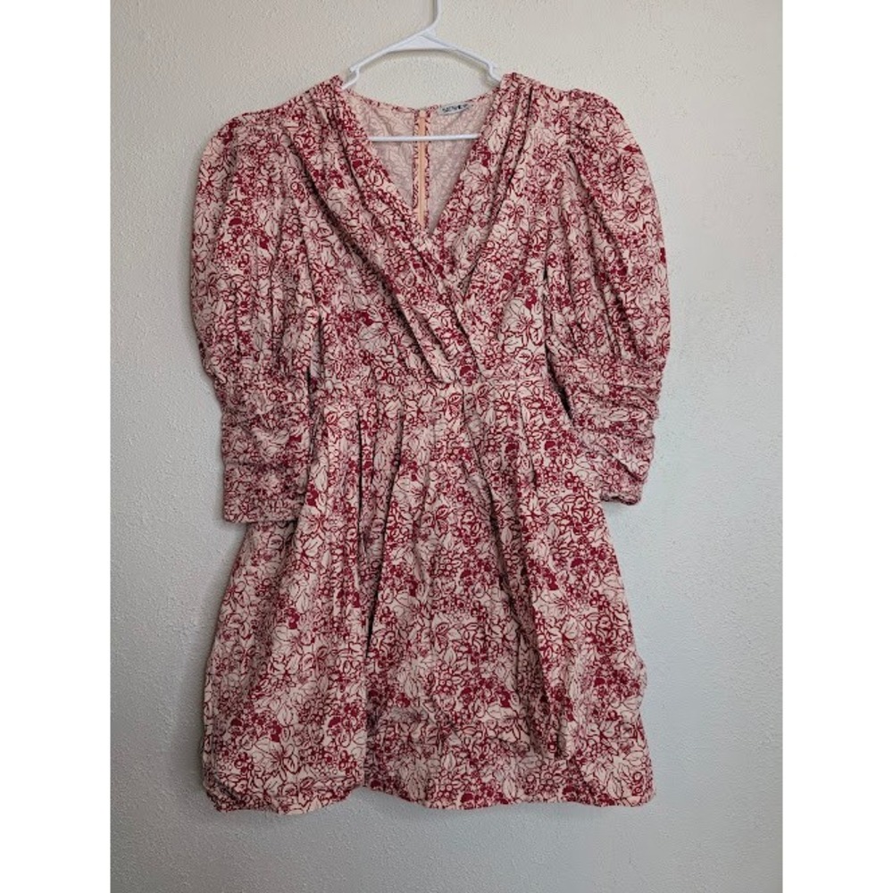 Batsheva Women Floral Puff Sleeve Dress Medium Berry A-Line Cottagecore Mini